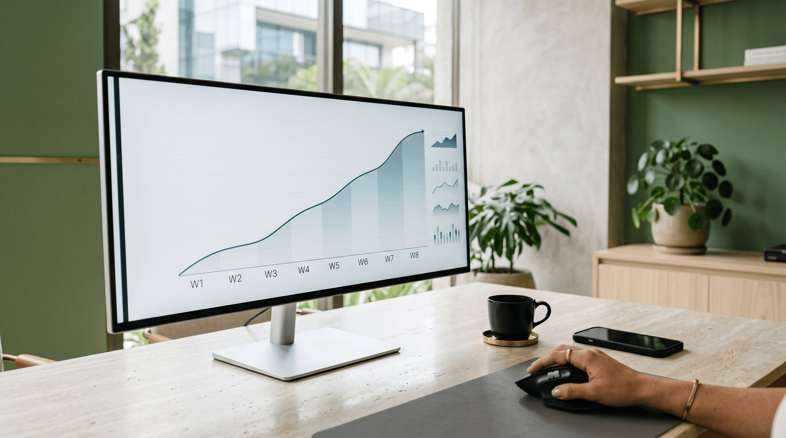 Monitor com curva de caixa semana a semana sobre bancada de clínica
