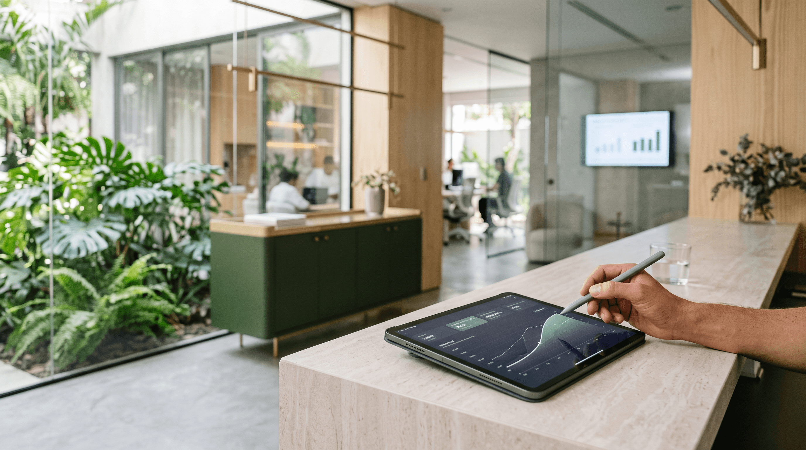 Tablet sobre bancada de pedra com modelo de precificação e curva de margem