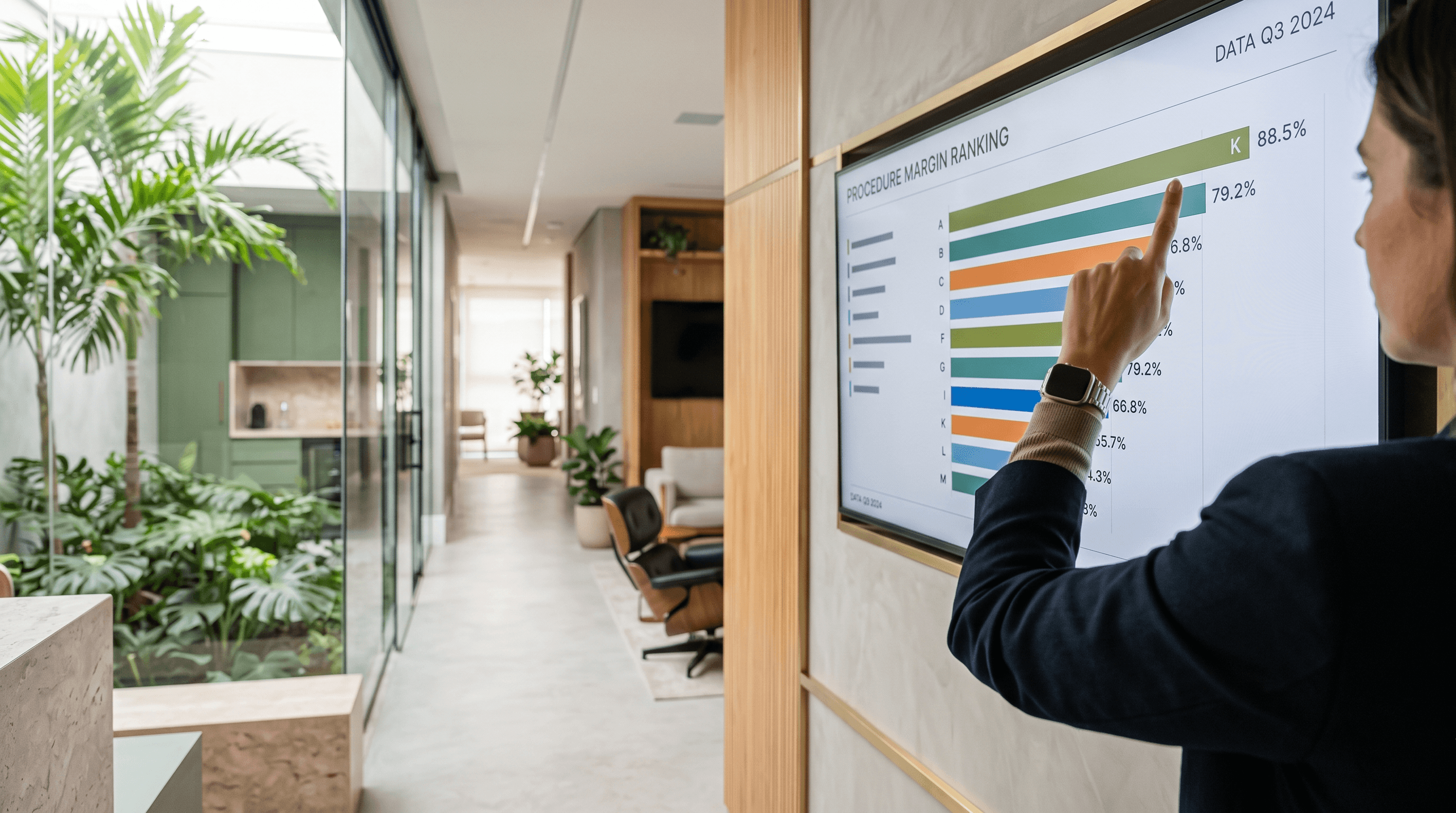 Painel de parede com ranking de procedimentos por margem