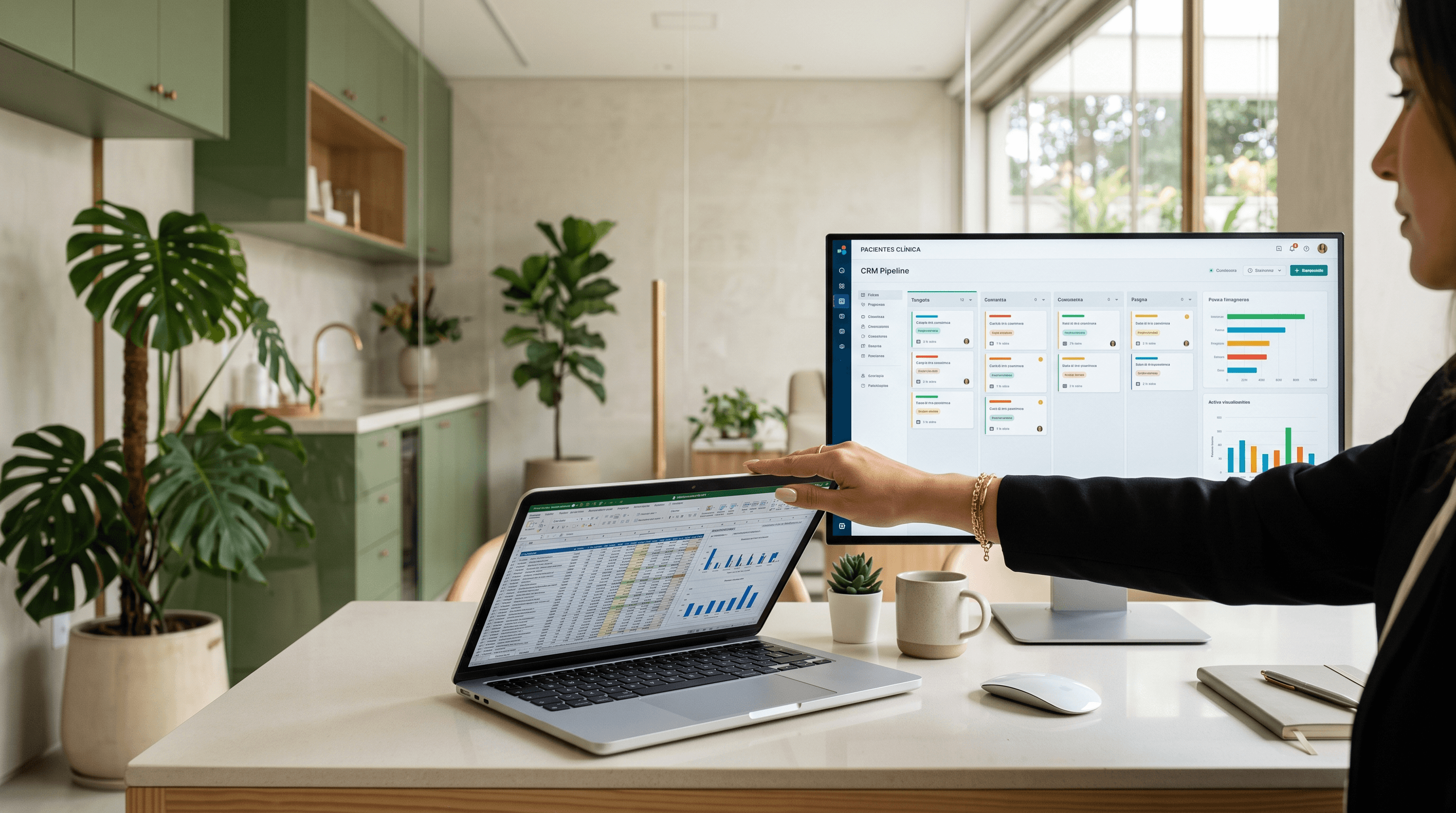 Planilha desorganizada no notebook ao lado de um funil de CRM limpo no monitor