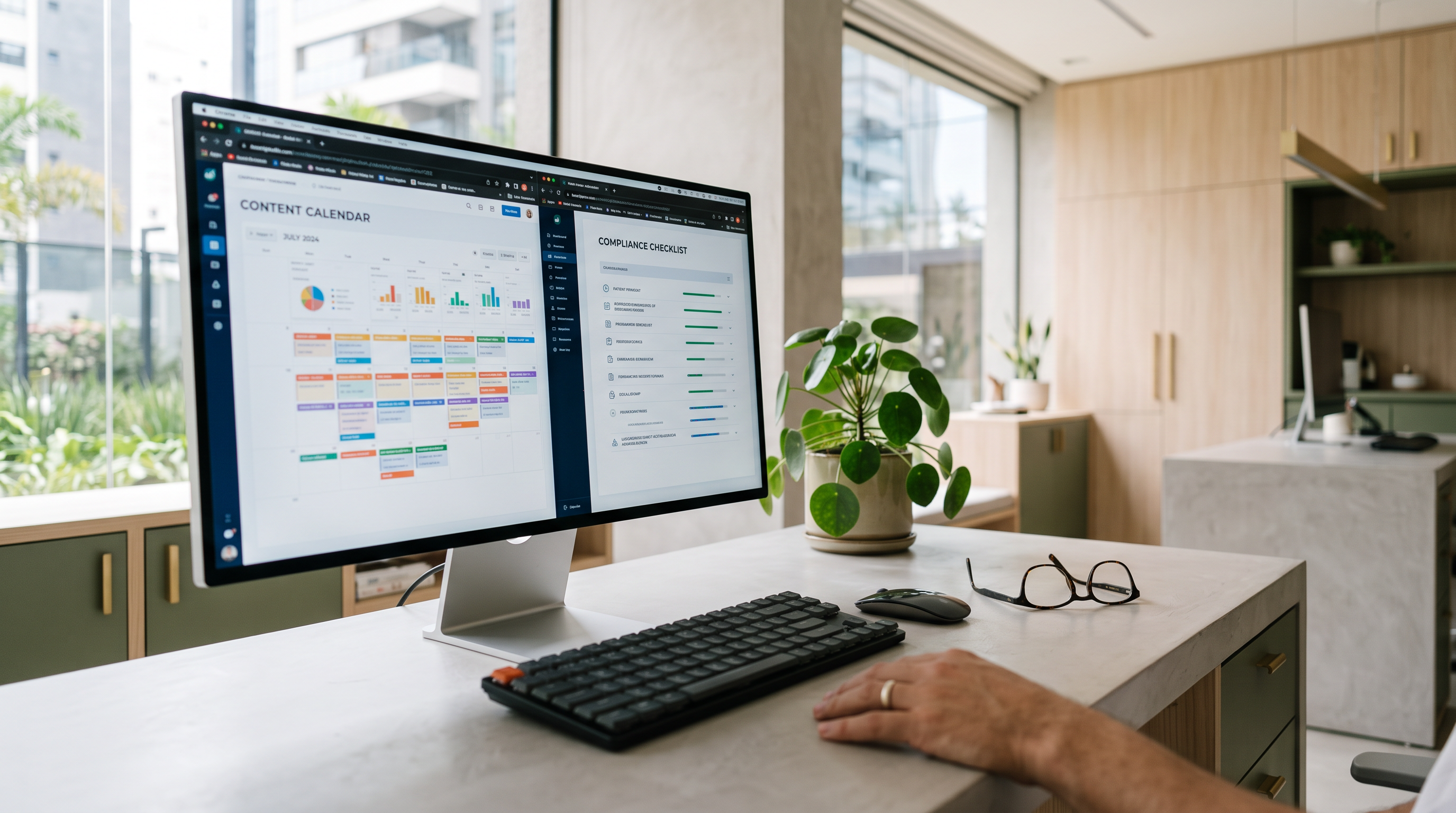 Monitor com calendário de conteúdo ao lado de checklist de conformidade
