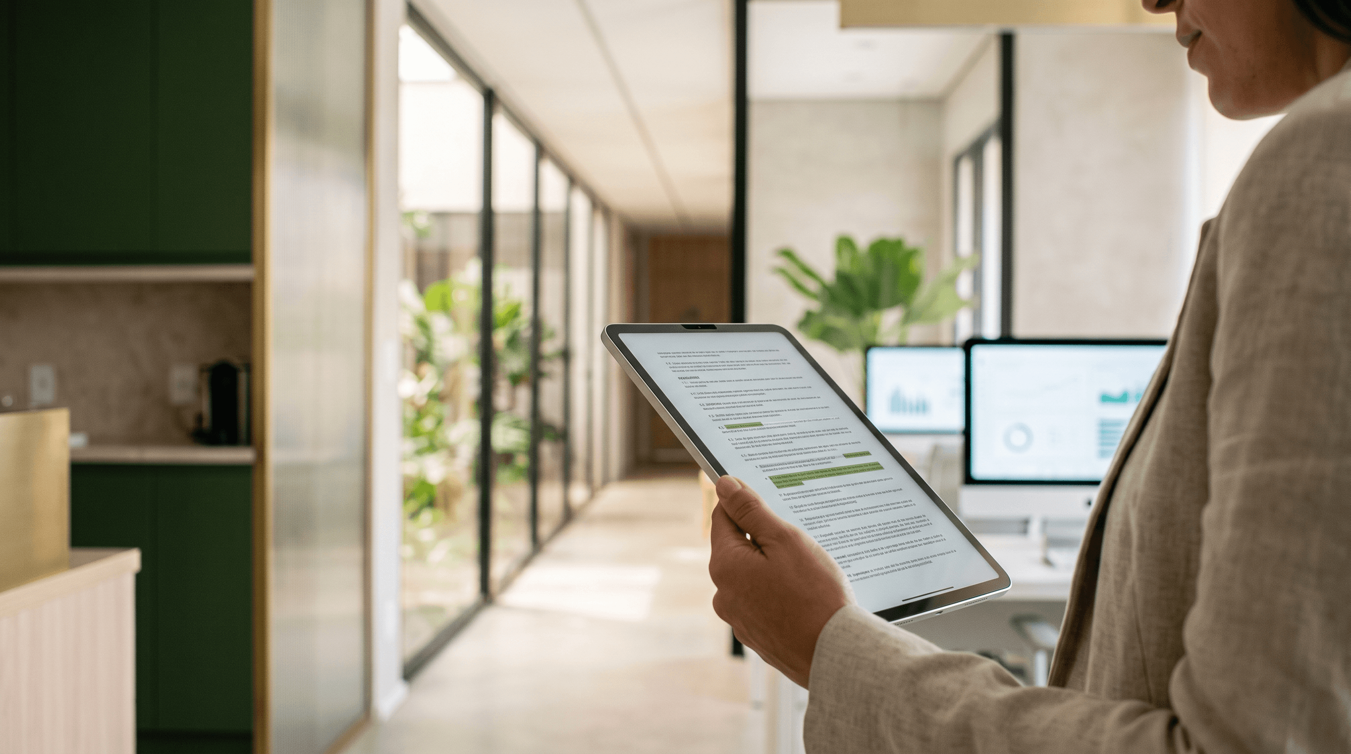 Tablet com documento normativo e trechos destacados
