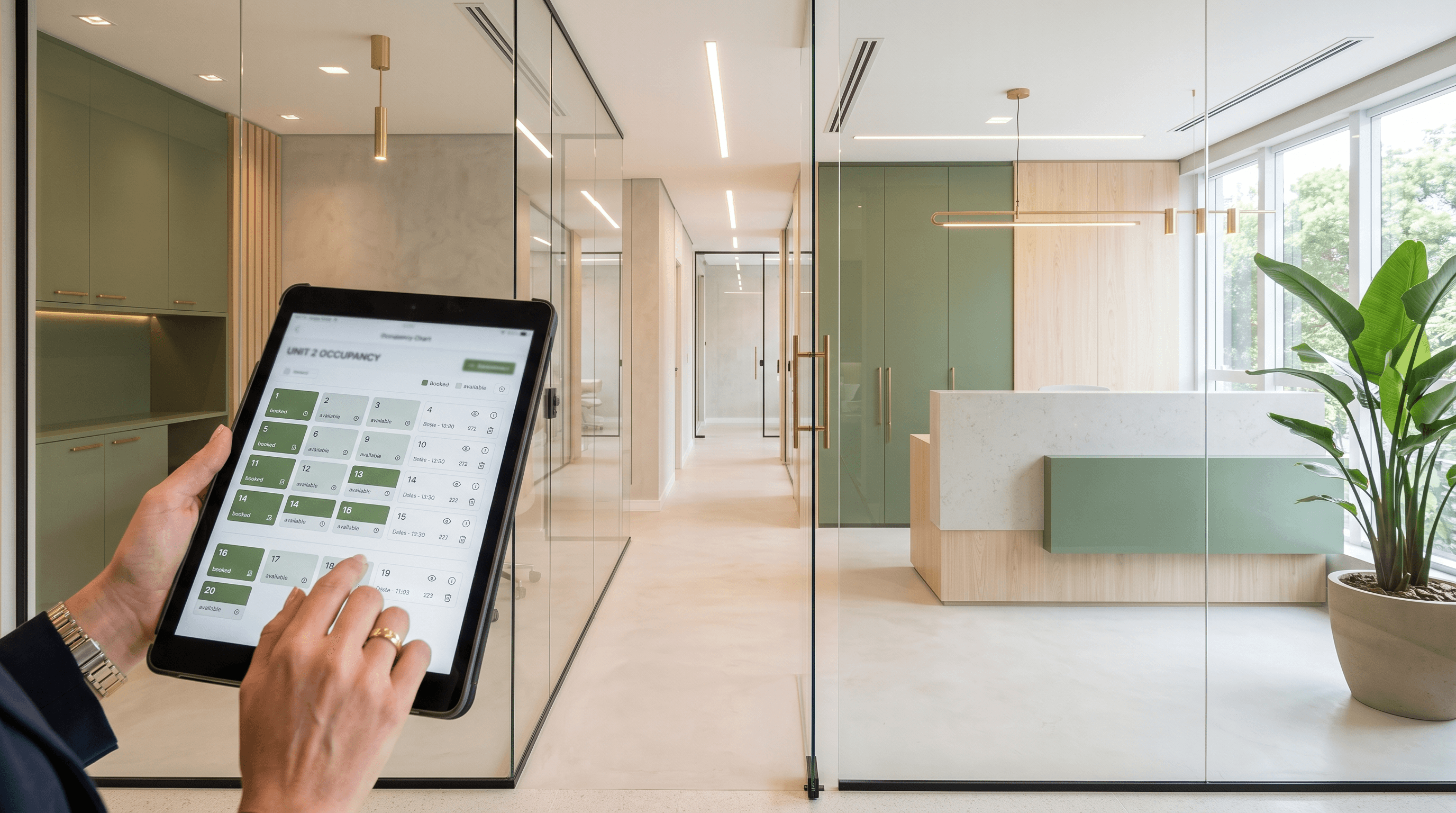 Segunda unidade recém-entregue vista pelo vidro e tablet com taxa de ocupação
