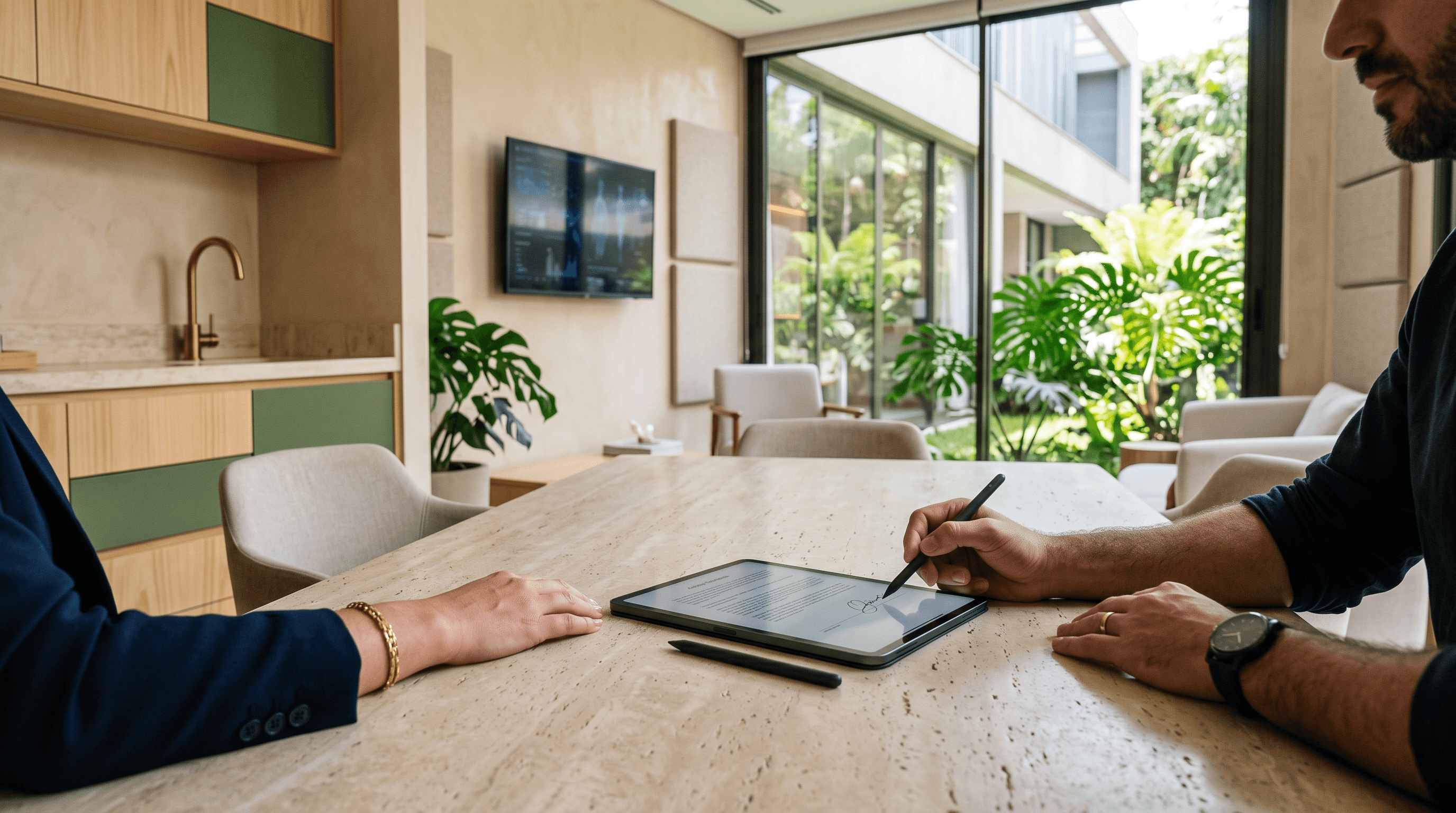 Tablet com contrato digital e campo de assinatura sobre mesa de pedra