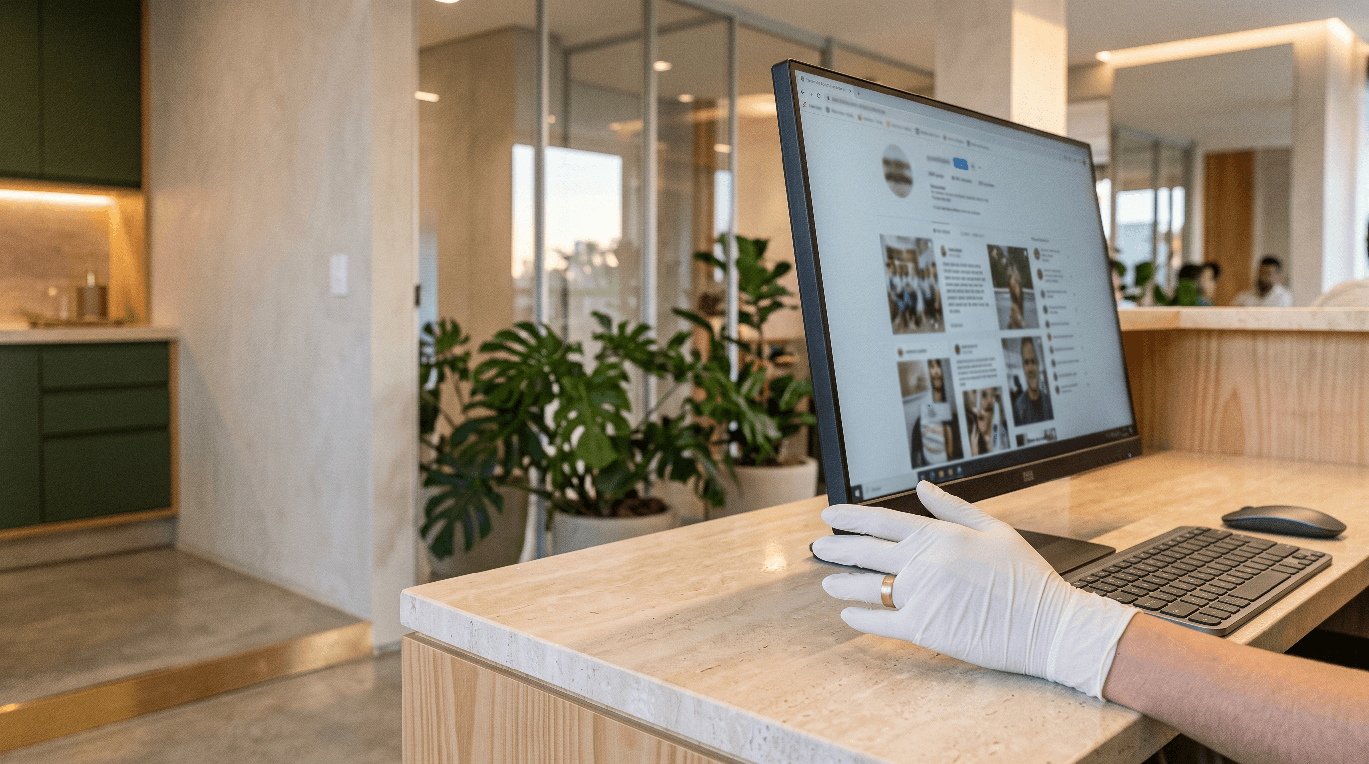 Monitor com grade de posts em revisão em consultório odontológico