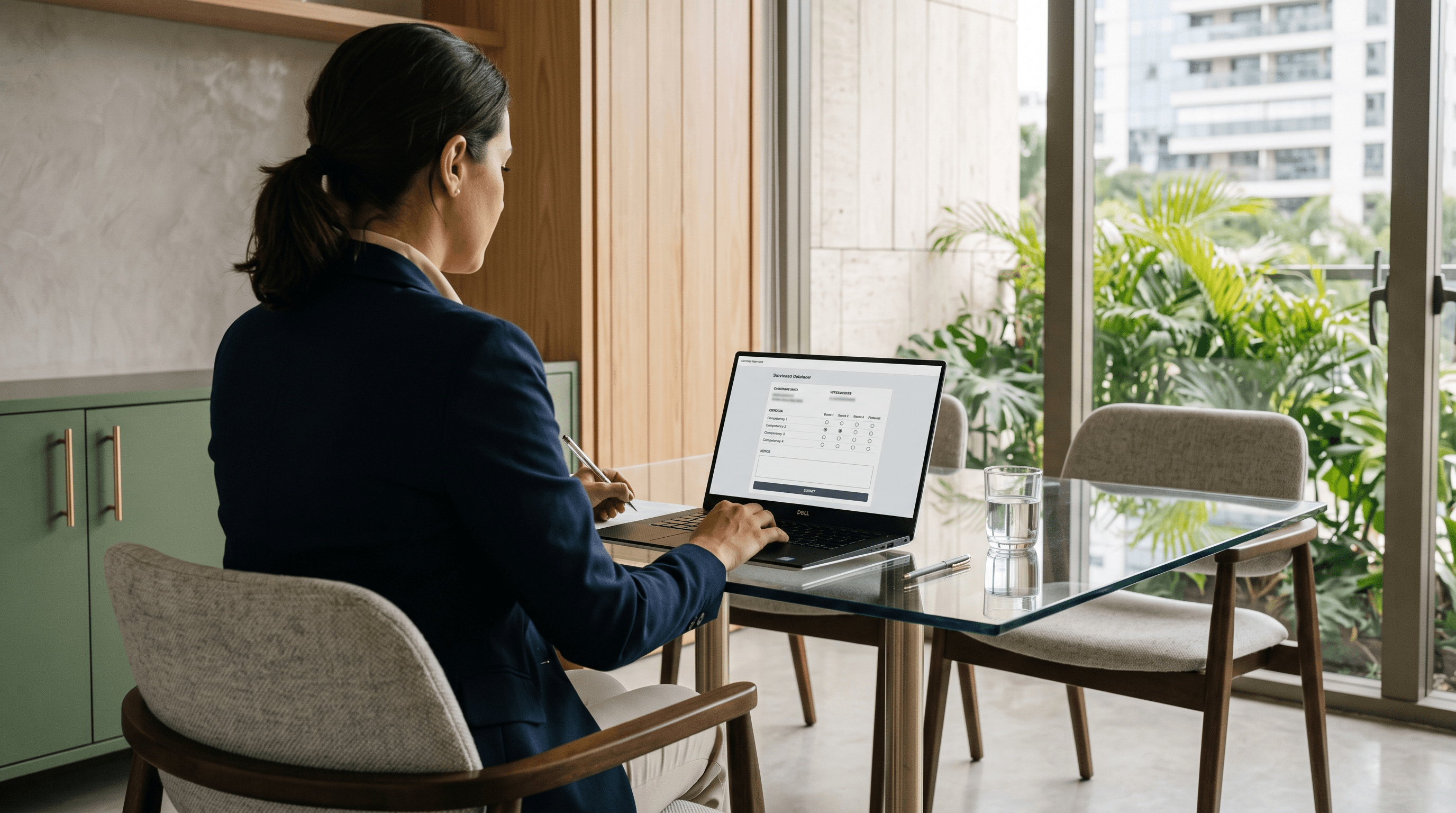 Notebook com roteiro de entrevista e critério de pontuação sobre mesa de vidro