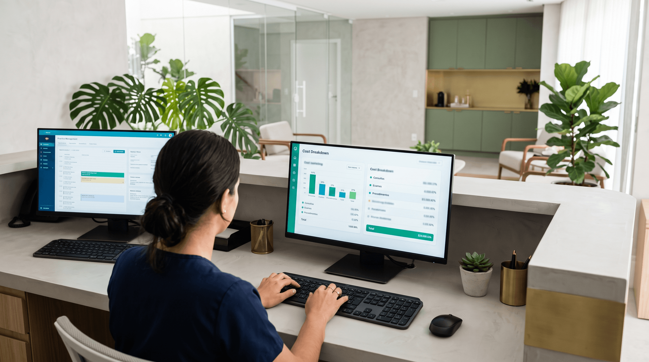 Recepção vista por trás do balcão com composição de custo no segundo monitor
