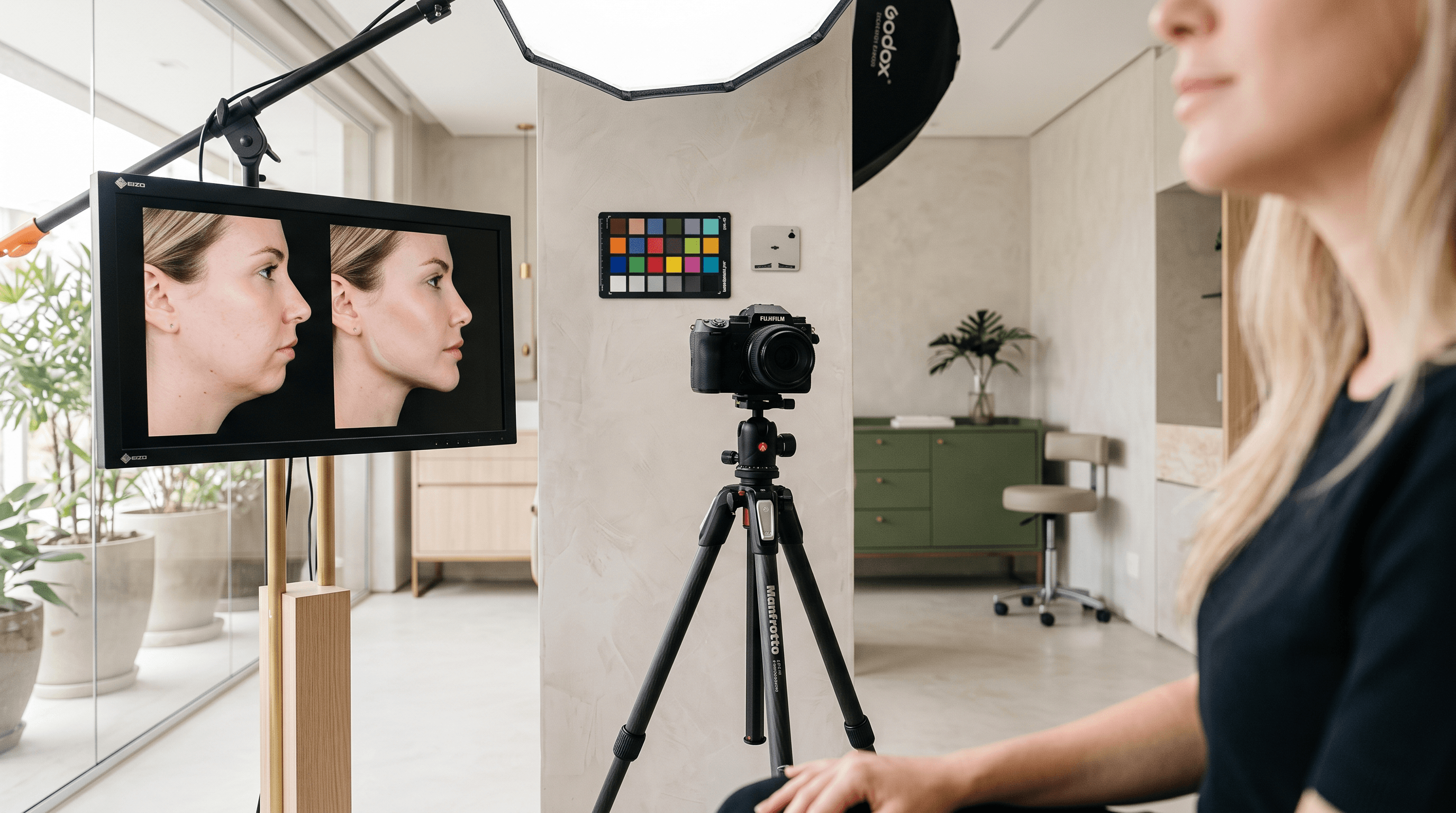 Estúdio de foto clínica com câmera em tripé, iluminação controlada e monitor com par de imagens