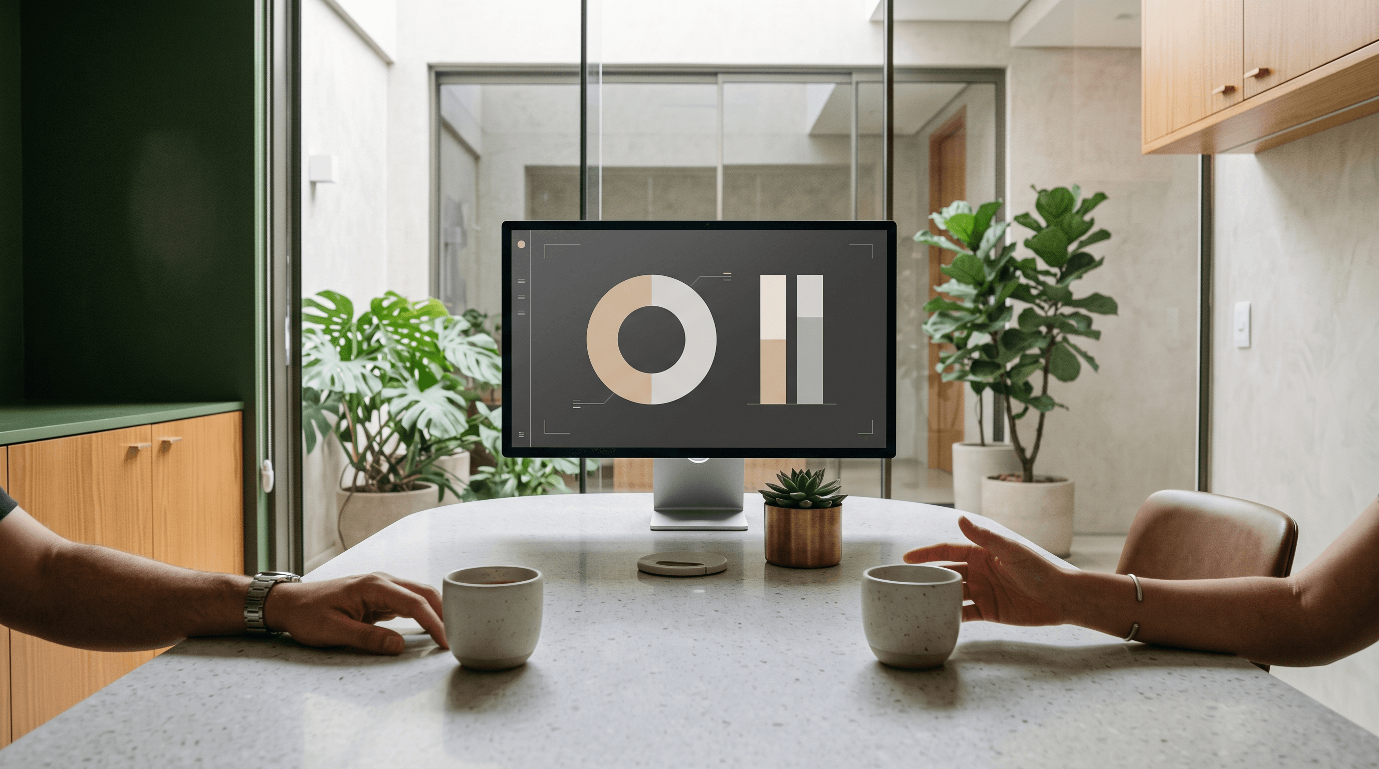 Monitor com divisão de lucro em rosca e duas xícaras sobre a mesa